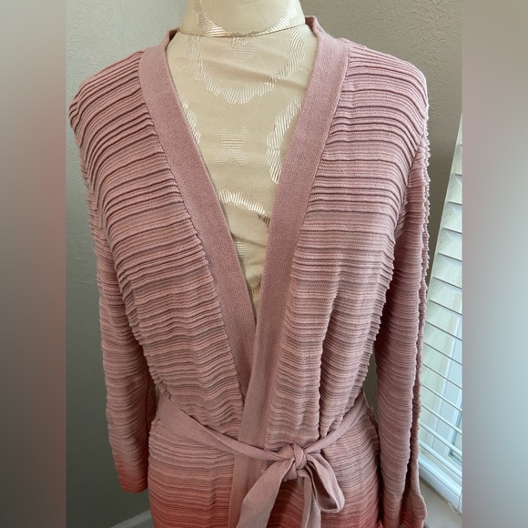 Chico’s 2 Sz L Ambre Coral Pink Ribbed Open Front Long Line Sweater Cardigan - Picture 4 of 10